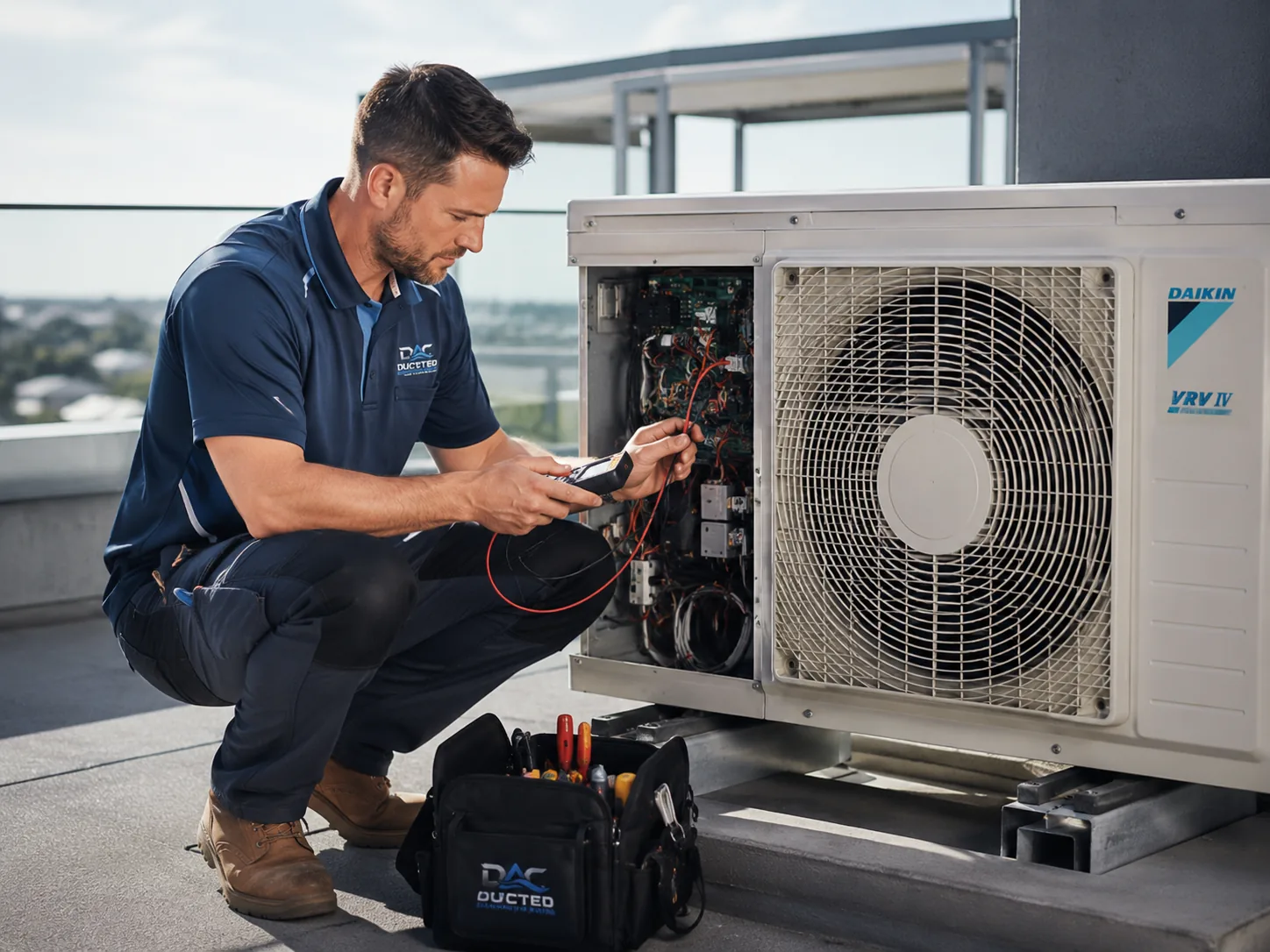 HVAC technician repairing and diagnosing an air conditioning unit